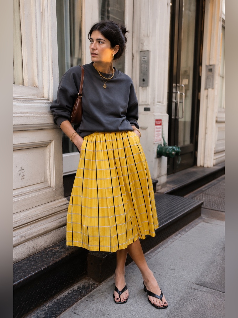 Vintage 80s Evan Picone Yellow Plaid Midi Skirt size 6